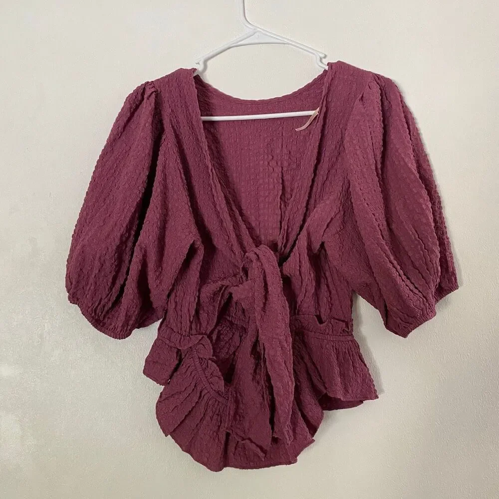 Free People Purple Textured Wrap Peplum Top L Puff Sleeve Boho Tie Front